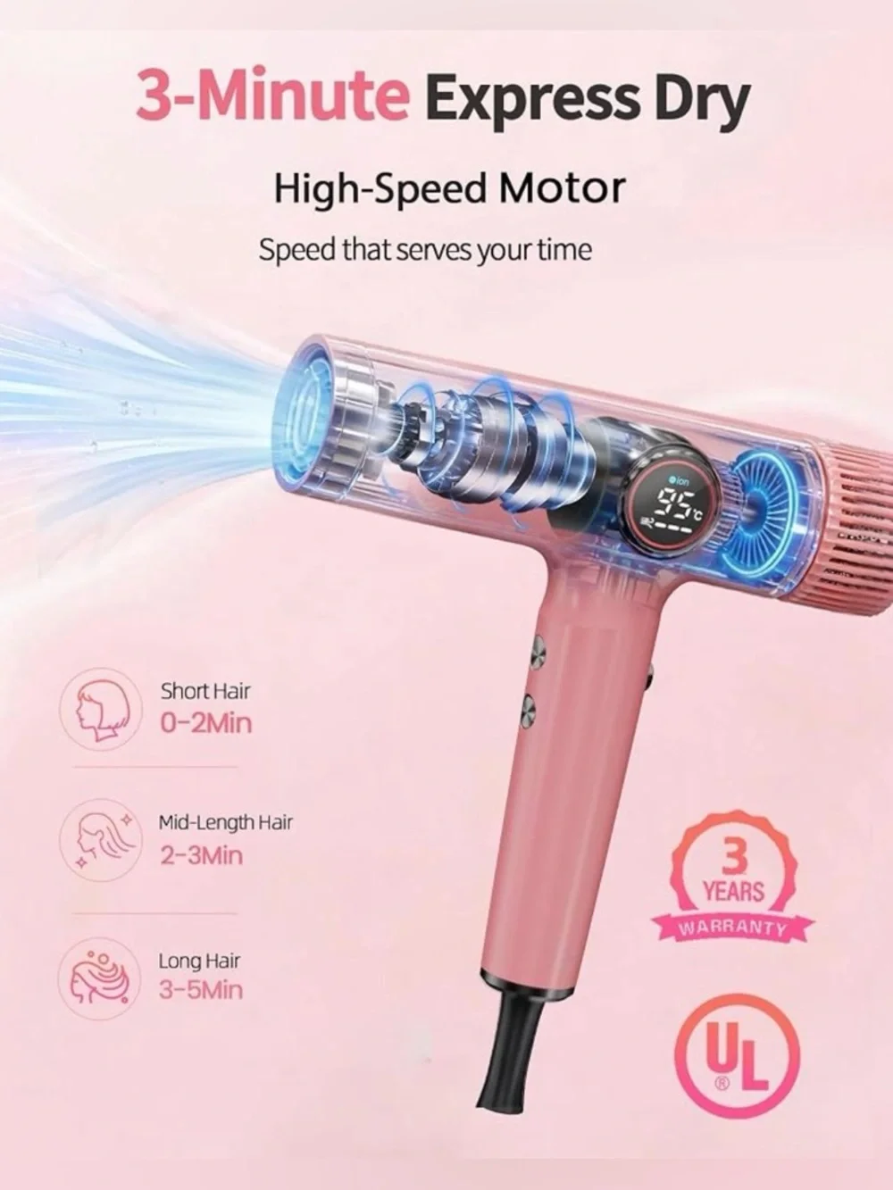 Pink Ionic High Speed Brushless Motor Hair Dryer With Diffuser